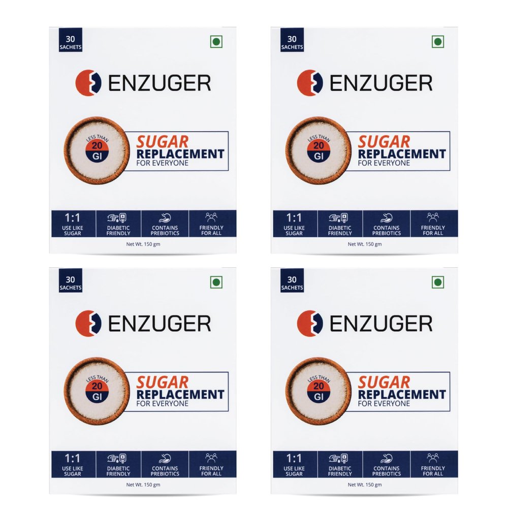 Enzuger 1:1 Sugar Replacement Natural Low Glycemic Index Sweetener | PCOS & Diabetic-Friendly | No Sugar, No Erythritol, No Artificial Sweeteners, No Aftertaste | Made with Naturally Sourced Ingredients | 5gm, 30 Sachets (Pack of 4)