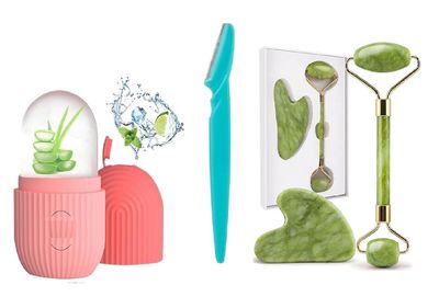 2025 Green Stone Facial Massager Jade Roller & Gua Sha Tools Kit For Face Neck Healing Skin Wrinkles & Serum Application With Ice Massager & Razor Combo Offer.