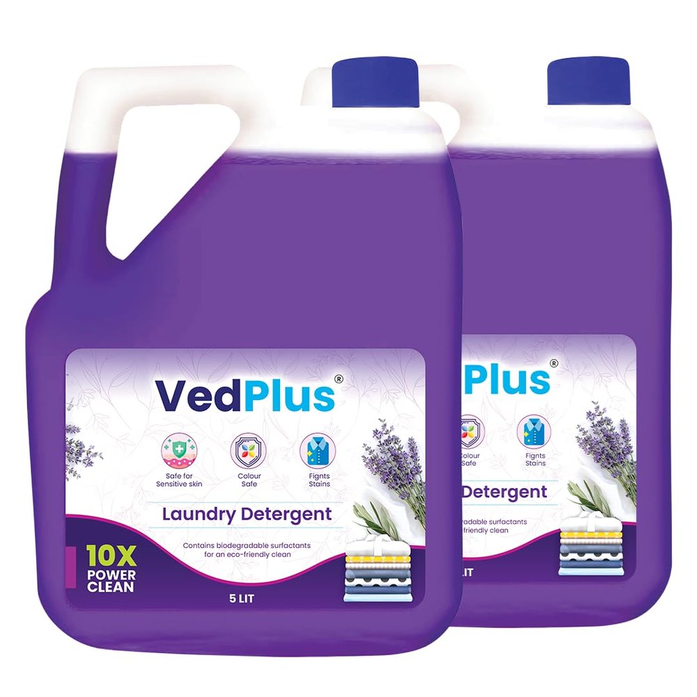 VedPlus 5L Eco-friendly Lavender Laundry Liquid Detergent | 10X Power Clean | Stains Removal | Biodegradable & Eco-Friendly | Fresh Scent | Suitable For All Types Of Clothes (Pack Of 2)