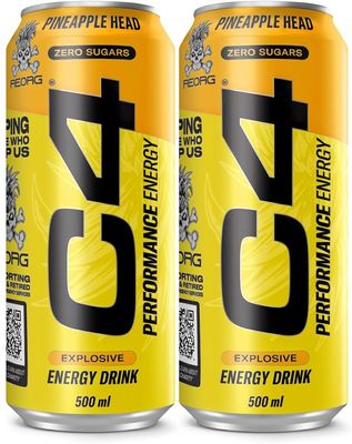 C4 Performance Energy Drinks Zero Sugar Pineapple Flavor Exclusive Energy Drink, 2 Cans X 500 ml (UK)