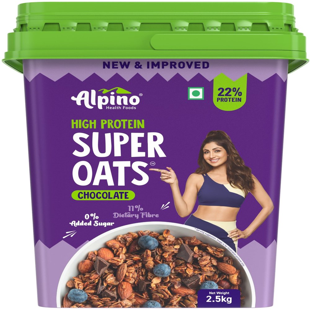 ALPINO 22% High Protein Super Oats Chocolate 2.5kg Rolled Oats, Natural Peanut Butter, Cocoa Powder, Nuts & Seeds 22g Protein, Source of Dietary Fibre & Healthy Fats, No Added Sugar & Salt