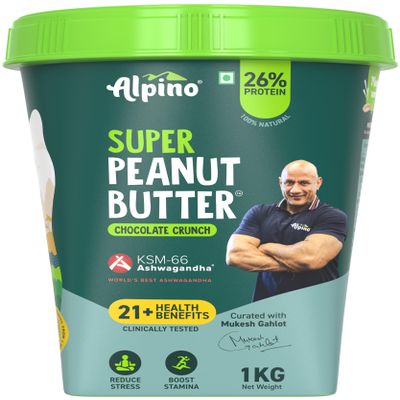 Alpino Super Peanut Butter with KSM-66 Ashwagandha Chocolate Crunch 1kg - Curated by Mukesh Gahlot "Guruji" High Protein, Clinically Tested with 21+ Health Benefits: Aids Strength, Stamina and Recovery