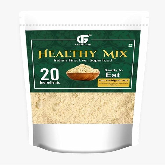 GrainFusion Healthy mix | Multigrain Sattu | Fully Natural | No Chemical,Preservatives,Colours,Flavours | No added Sugar | Suitable For All Ages | Containing 20 Ingredients including Millets And Dry Fruits. (Pack Of 4)