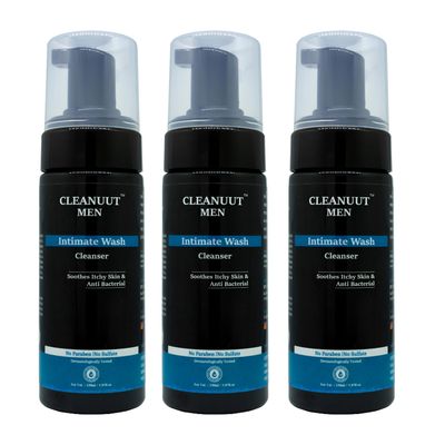 Cleanuut Men's Intimate Wash (Pack of 3, 150 ML Each)| pH-Balanced Foaming Cleanser for Hygiene | Relieves Itchiness & Odour, Prevents Fungal Growth | With Tea Tree Oil, Aloe Vera, Witch Hazel & Holy Basil | Sulphate & Paraben Free