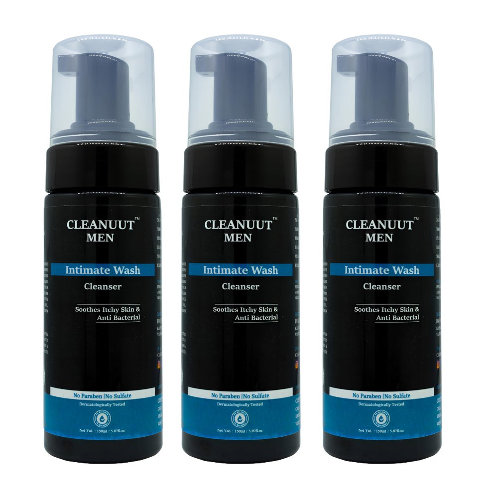 Cleanuut Men's Intimate Wash (Pack of 3, 150 ML Each)| pH-Balanced Foaming Cleanser for Hygiene | Relieves Itchiness & Odour, Prevents Fungal Growth | With Tea Tree Oil, Aloe Vera, Witch Hazel & Holy Basil | Sulphate & Paraben Free