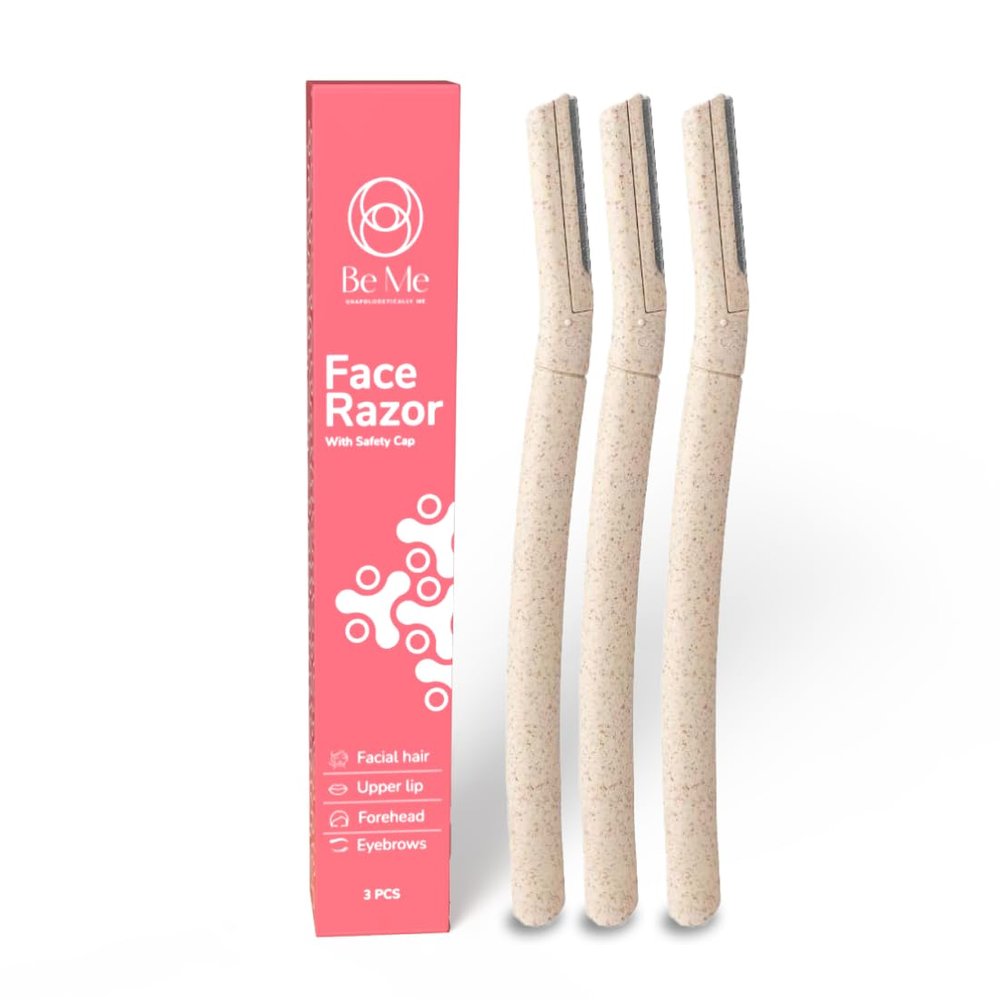 Be Me Face Razor for Women with Safety Cap - Pack of 3 | No Cuts, No Irritation | For Eyebrows, Upper Lip, Forehead, Peach Fuzz, Chin and Sideburns Dermaplaning Tool | Stainless Steel Blade