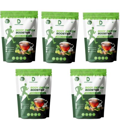 Dodkiya Agro Tea Detox Drink Body Booster (Kadha) blends 30+ herbs like Amla, Turmeric, Ashwagandha, Moringa & more for detox, immunity, and digestion. 250gm Pack-5