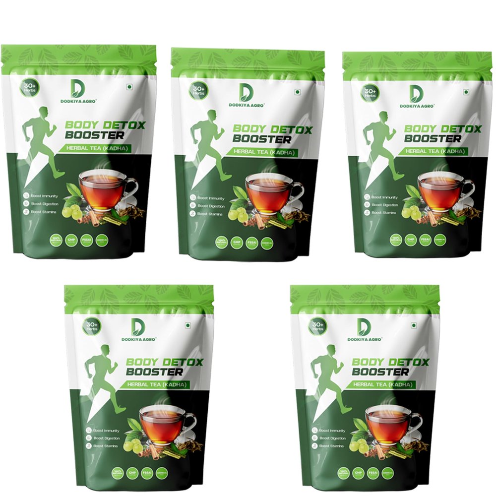 Dodkiya Agro Tea Detox Drink Body Booster (Kadha) blends 30+ herbs like Amla, Turmeric, Ashwagandha, Moringa & more for detox, immunity, and digestion. 250gm Pack-5