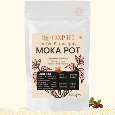 COPHI Coffee Philosophy Eureka (400g) Moka Pot Coffee Powder, Medium Roast, Arabica Robusta Blend, Coorg Specialty Ground Coffee, Washed Process, Chicory Free, Shade Grown, Makes 25 Cups