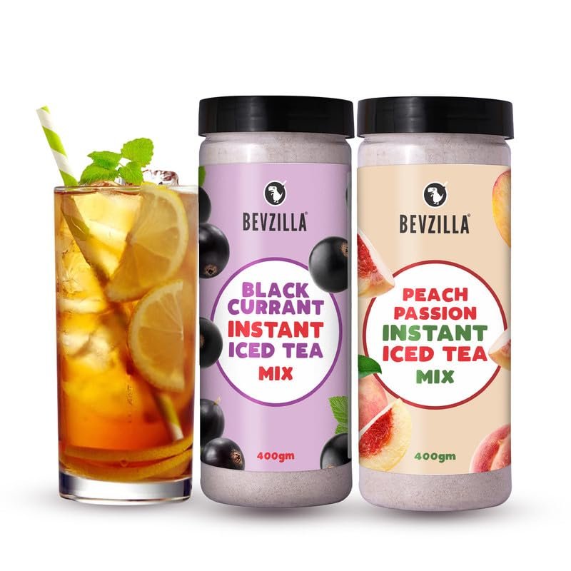Bevzilla Blackcurrant & Peach Passion Instant Ice Tea Powder - 400g x 2 | Summer Refreshing Iced Tea Drink| Quick & Easy to Prepare