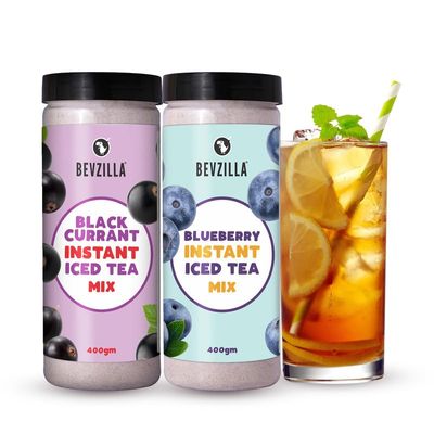 Bevzilla Black Currant & Blueberry Instant Ice Tea Powder Combo - 400g Each Jar | Refreshing Summer Iced Tea Drink | Instant & Easy to Make