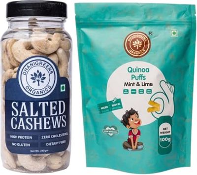 Dhanigreens Organics Snacks Combo Pack Salted Cashew 240g + Sweet Quinoa Puffs Mint & Lime 100g | Natural Ingredients Snacks | Gluten-Free, Cholesterol Free, Transfat Free, Lightly Seasoned