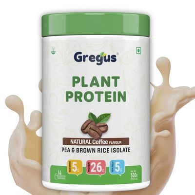 Gregus Vegan Protein Powder Coffee flavour- 26g Plant Protein per Serving (35g) | Sugar-Free, Dairy & Gluten-Free | Supports Lean Muscle Growth | Ideal for Men & Women | 500g