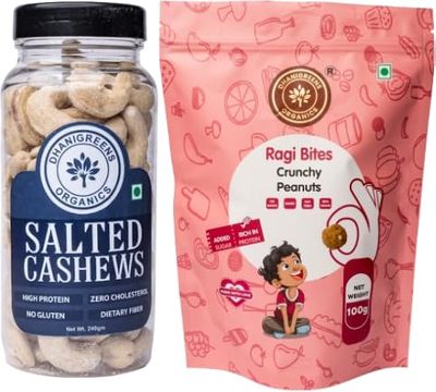 Dhanigreens Organics Snacks Combo Pack Salted Cashew 240g + Sweet Peanut Crunchy Balls 100g | Natural Ingredients Snacks | Gluten-Free, Cholesterol Free, Transfat Free, Lightly Seasoned