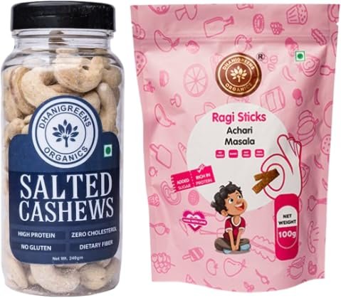 Dhanigreens Organics Snacks Combo Pack Salted Cashew 240g + Sweet Ragi Sticks Achari Masala 100g | Natural Ingredients Snacks | Gluten-Free, Cholesterol Free, Transfat Free, Lightly Seasoned