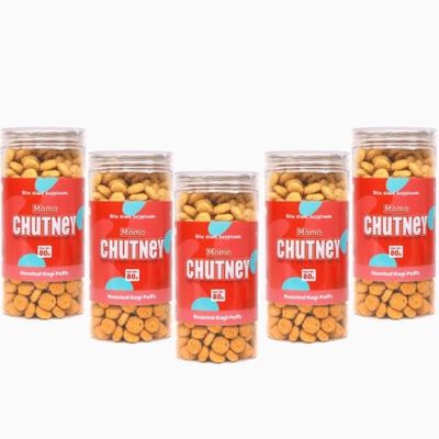 CRACK A NUT Roasted Ragi Puffs | Momo Chutney Puffs | High Protein | Healthy Snakes | Gluten-Free (80G) (Pack of 5)