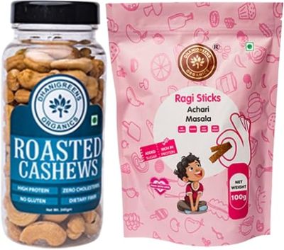 Dhanigreens Organics Snacks Combo Pack Roasted Cashew 240g + Sweet Ragi Sticks Achari Masala 100g | Natural Ingredients Snacks | Gluten-Free, Cholesterol Free, Transfat Free, Lightly Seasoned