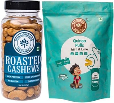 Dhanigreens Organics Snacks Combo Pack Roasted Cashew 240g + Sweet Quinoa Puffs Mint & Lime 100g | Natural Ingredients Snacks | Gluten-Free, Cholesterol Free, Transfat Free, Lightly Seasoned