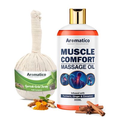 AROMATICO Potli Massage Muscle Comfort Kit. Combo Pack of Muscle Comfort Massage oil (300ml) & Herbal Massage Potli (200gm).