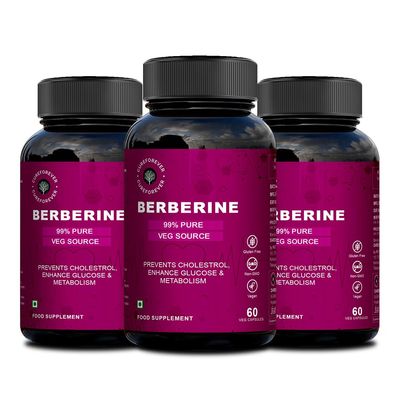 CUREFOREVER 99% Pure Berberine Capsule 1000mg Supports Cholestrol, Glucose & Metabolism | 30 Days Serving - High Strength, Berberis Vulgaris(60 Caps - 3 Pack)