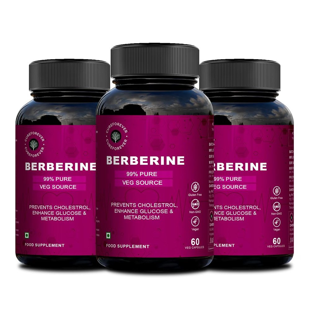 CUREFOREVER 99% Pure Berberine Capsule 1000mg Supports Cholestrol, Glucose & Metabolism | 30 Days Serving - High Strength, Berberis Vulgaris(60 Caps - 3 Pack)