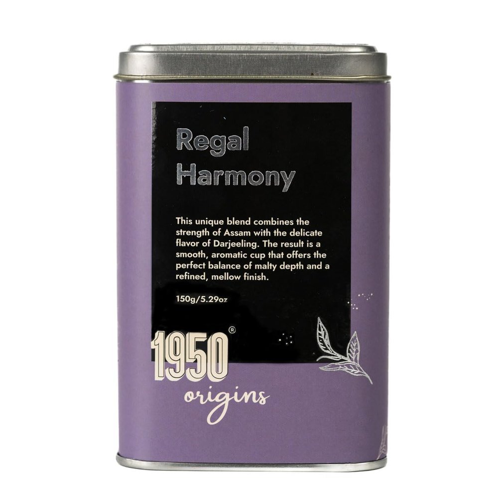 1950 Origins Regal Harmony Premium Assam CTC & Darjeeling Long Leaf Black Tea Blend | 100% Natural Fresh & Aromatic Loose Leaf Tea | 150g Tin Caddy | Strong Chai | Chaipatti