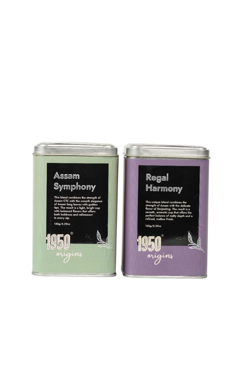 1950 Origins Combo Pack-Assam Symphony&Regal Harmony|100% Natural Loose Leaf Tea|Assorted Black Tea Gift Pack Premium Assam & Long Leaf Darjeeling Tea|Rich,Strong & Fresh|Tin Caddy, 150 gm X 2