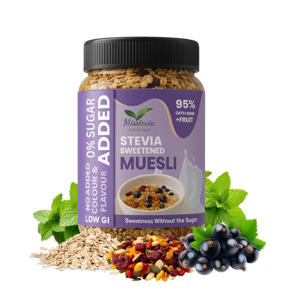 Misstevia Sugar Free Muesli | Stevia Sweetened Muesli In India | 95% Oats, Seeds & Fruits | High Fiber Low Calorie Diet Diabetic & Kids Friendly | Healthy Breakfast & Snack | Diet Food Wholegrain (Pack of 1)