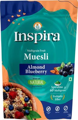 Inspira Muesli - Almond & Blueberry | 400g | 4.8g Protein | 60% Whole Grains | 80% Whey Protein, No Added Sugar, with Spirulina, Raisins, Cranberries & Natural Fruits