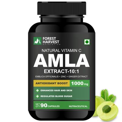 Forest Harvest Amla Extract | 10X Potency | With Zinc & Ginger for Enhanced Absorption | Natural Vitamin C for Immunity & Skin | 90 Veg Capsules | Potent 10:1 Amla Strength