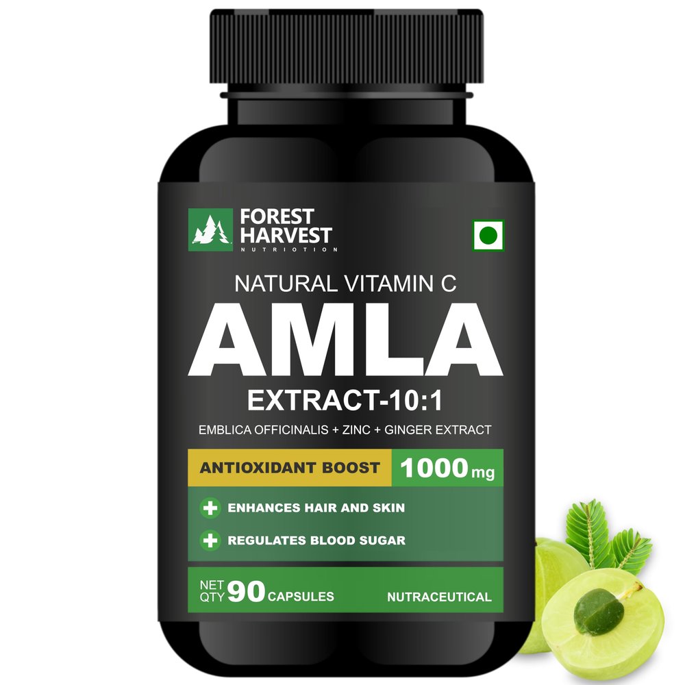 Forest Harvest Amla Extract | 10X Potency | With Zinc & Ginger for Enhanced Absorption | Natural Vitamin C for Immunity & Skin | 90 Veg Capsules | Potent 10:1 Amla Strength