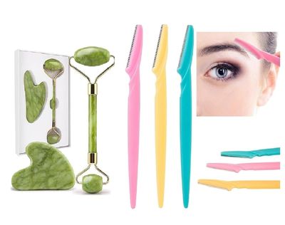 (3-RAZOR-Z-STON)(Trending 2025) Face Ston Jade Roler Massager With Gua Sha Ston With 3 Eye Razor Set Facial Roler Natural Ston Jade Roller For Skin Eye Neck Body Roler Women Men Beauty Reusable Combo