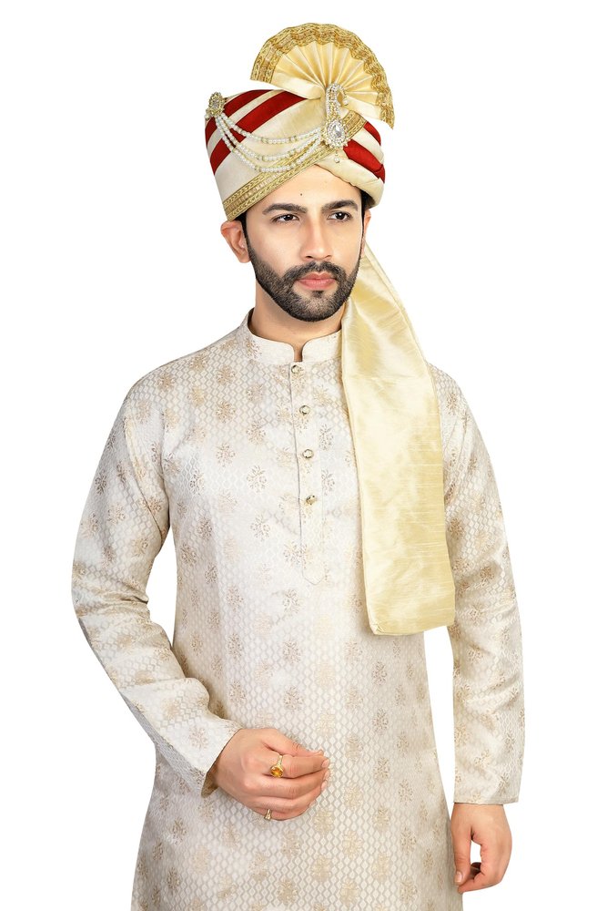 PRIYAKANT SAFAWALA Men's Traditional Wedding Collection Dupion Handcrafted Safa (Pheta/Pagdi/Turban) For Wedding And Engagement Use It [Maroon - Fown, Free - Size, Adjustable System]
