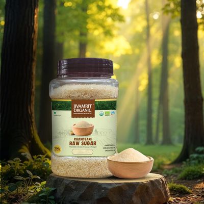 Jivamrit Organic Khandsari Raw Sugar, Zero Chemicals, Organically Processed, from Freshly Squeezed Sugar Cane Juice (700 Gram)