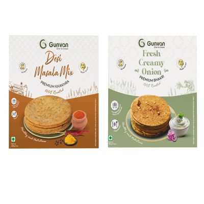 Gunvan Fresh Creamy Onion Bhakri 180 gm with Desi Masala Mix Khakhra 200 gm Crispy & Spiced Roasted Snack | Authentic Indian Flavors | Perfect Tea-Time Treat