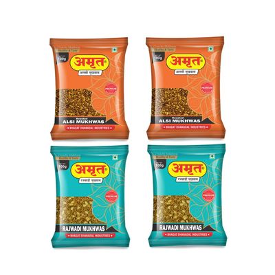 AMRUT Mukhwas Combo | Rajwadi (2 x 100g) + Alsi (2 x 100g) | Roasted Flax Seeds & Traditional Indian Digestive Mouth Freshener | Crunchy & Tasty After-Meal Snack | Pack of 4  400g
