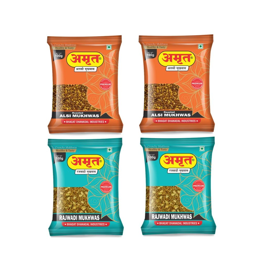 AMRUT Mukhwas Combo | Rajwadi (2 x 100g) + Alsi (2 x 100g) | Roasted Flax Seeds & Traditional Indian Digestive Mouth Freshener | Crunchy & Tasty After-Meal Snack | Pack of 4  400g