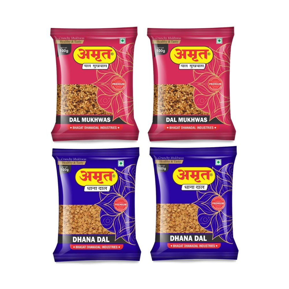 AMRUT Combo  Dal Mukhwas (2 x 100g) + Dhanadal (2 x 100g) | Traditional Indian Mouth Freshener | Digestive & Refreshing After-Meal Snack | Crunchy & Tasty | Pack of 4  400g Total