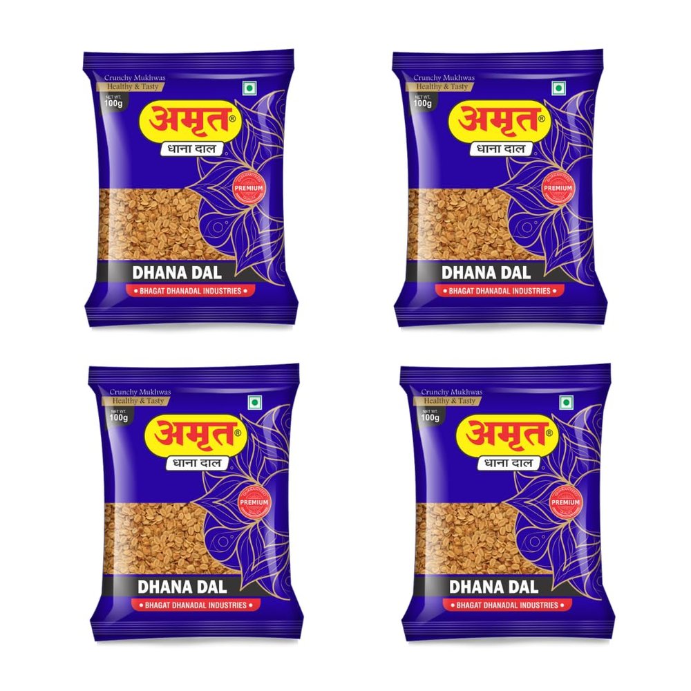 AMRUT Dhanadal | Roasted Coriander Seeds (100g x 4) | Traditional Indian Mouth Freshener | Salty & Crunchy Split Dhana Dal | Digestive After-Meal Snack | Pack of 4  400g Total