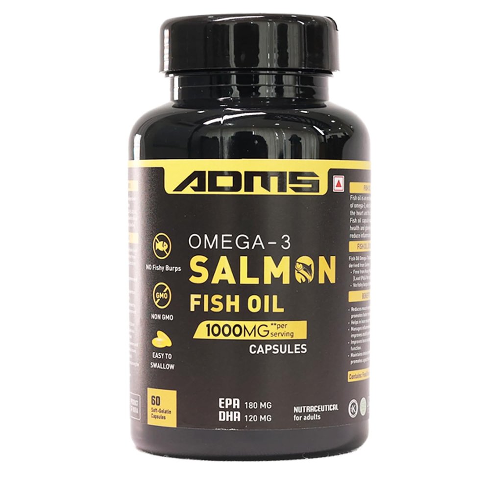 ADMS Omega-3 Salmon Fish Oil 1000mg | EPA & DHA for Heart, Brain, Eye & Joint Health | Omega-3 Supplement for Men & Women 60 Capsules