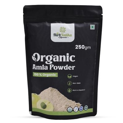 Herb Vatika Ayurveda Organic Amla Powder for Eating & Drinking 250g | Natural Vitamin C, Hair Growth, Dandruff Control & Glowing Skin | Gooseberry Powder