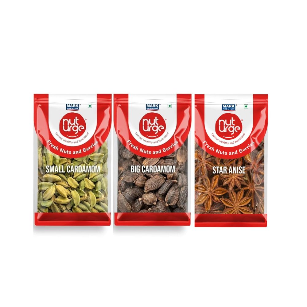 NUT URGE Premium Big-Cardamon, Small-Cardamon, Biryani Phool (50g) Combo Pack | Whole Spices Garam Masala | Natural Aromatic Spices | Preservatives Free | Perfect For Culinary, Seasoning,Pack of 6