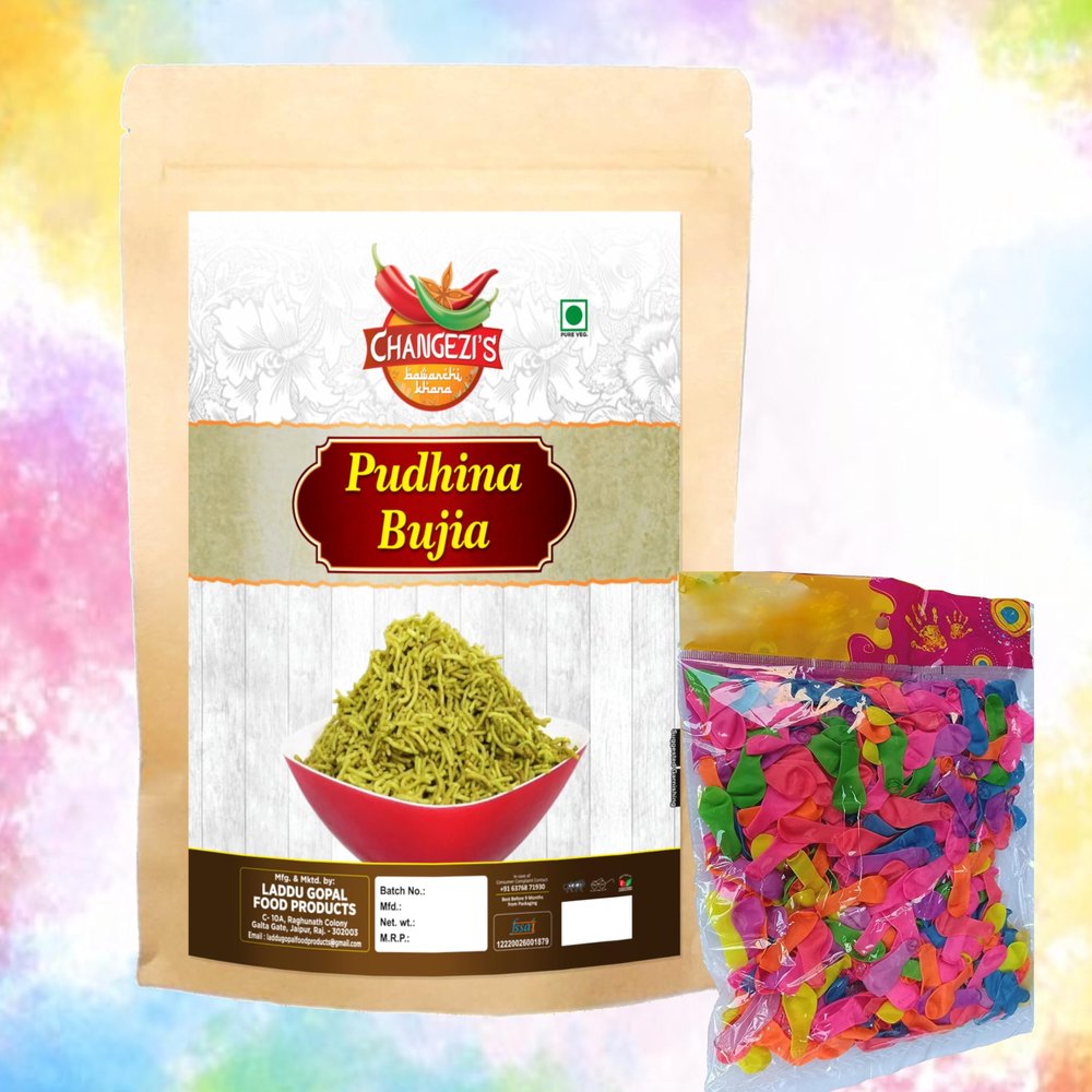 CHANGEZI'S bawarchi khana-Holi Festive Selection bhujia Alu Pudhina Mint BHUJIYA|Podinaka Bhujia Bhujiya Namkeen Snack|Tea Break Snack Aloo BHUJIYA-850g*1Pack With Free Holi water balloons