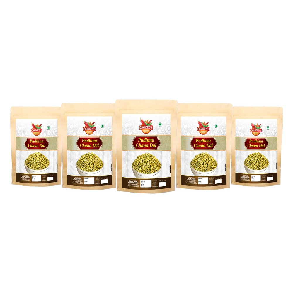 CHANGEZI'S bawarchi khana-Holi Festive Selection Pudina Chana Dal Diet Fried Roasted Nimbu Pudina Chana Dal|Roasted Bengal split Namkeen Snack-1Kg*5Pack With Free Holi water balloons