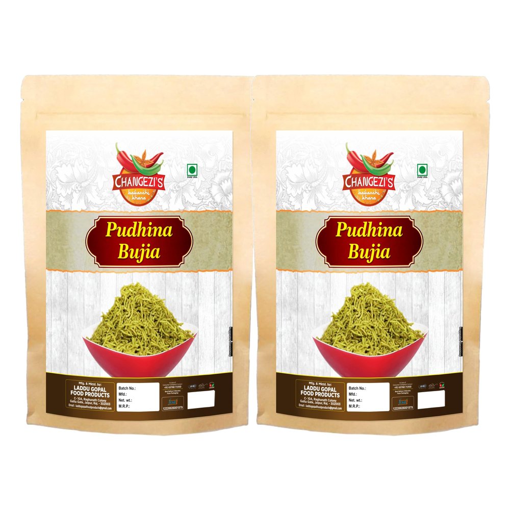 CHANGEZI'S bawarchi khana - Holi Festive Selection bhujiya sav Mint Pudhina Bujiya Bbhujia | Phudino Namkeen Snack Tasty Healthy | Green Aloo Bhujiya Namkeen-420g*2Pack With Free Holi water balloons