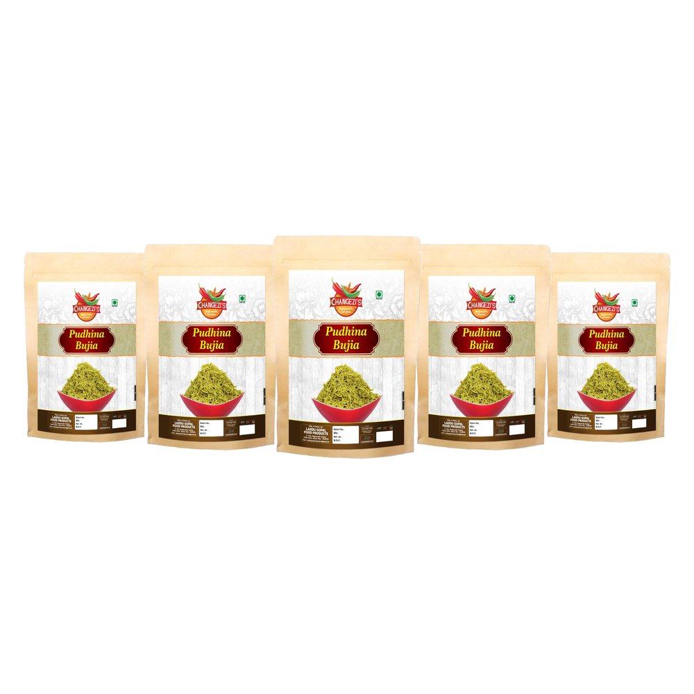 CHANGEZI'S bawarchi khana - Holi Festive Selection bhujiya sav Mint Pudhina Bujiya Bbhujia | Phudino Namkeen Snack Tasty Healthy | Green Aloo Bhujiya Namkeen-900g*5Pack With Free Holi water balloons