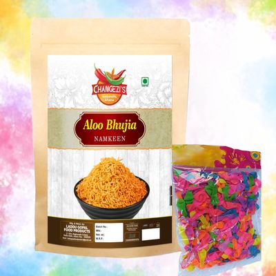 CHANGEZI'S bawarchi khana-Holi Festive Selection bhujia pantry-aloo bhujia pantry-Aloo BHUJIYA|Alu Bhujia Bhujiya Namkeen Snack|Tamatar Aloo Bhujia Namkeen-900g*1Pack With Free Holi water balloons
