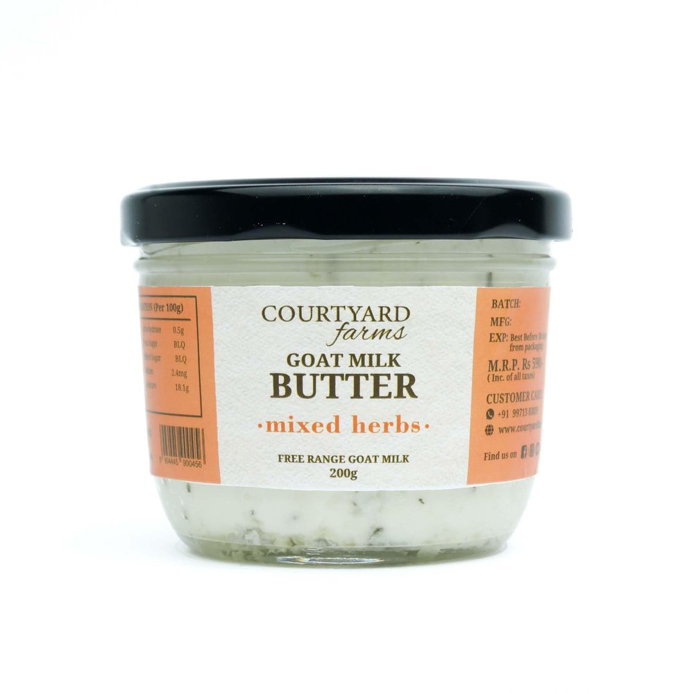 Courtyard Farms Goat Milk Butter | Low lactose | Preservatives and chemical free | Free range goat milk | Traditional Hand Churned | Mixed herbs | 200g