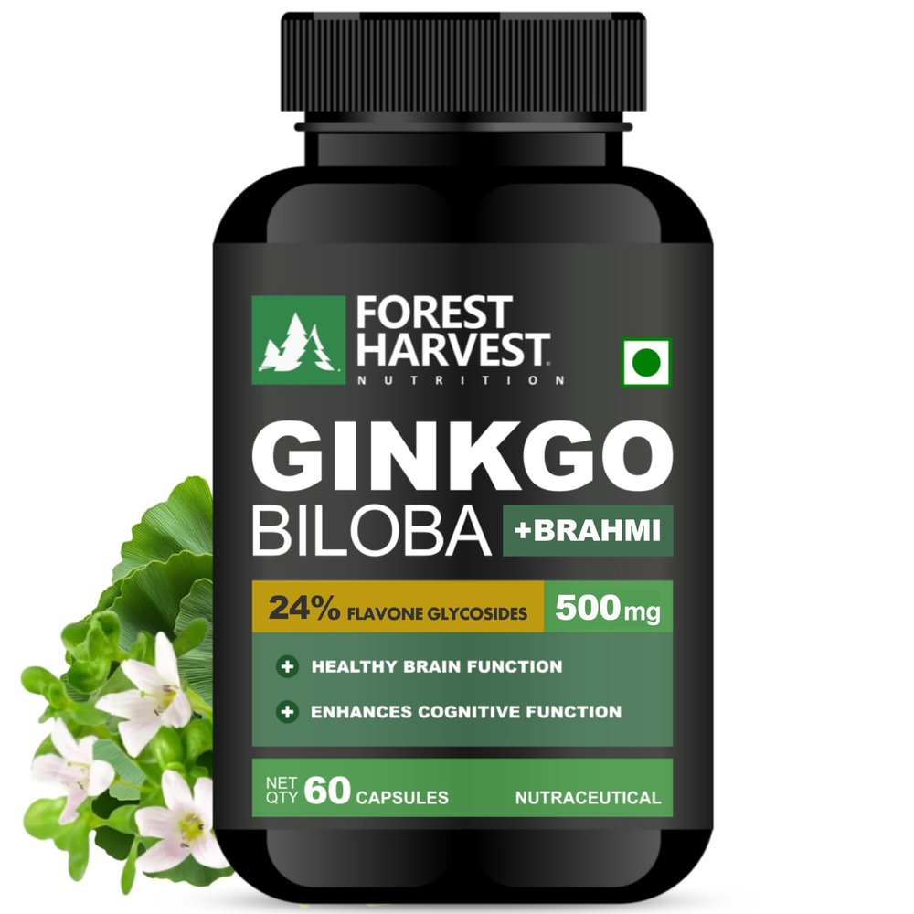 Forest Harvest Ginkgo Biloba Extract (24% Flavone Glycosides) 120 mg With Brahmi (Bacopa Monnieri) Extract 380 mg Capsules, 60 Capsules