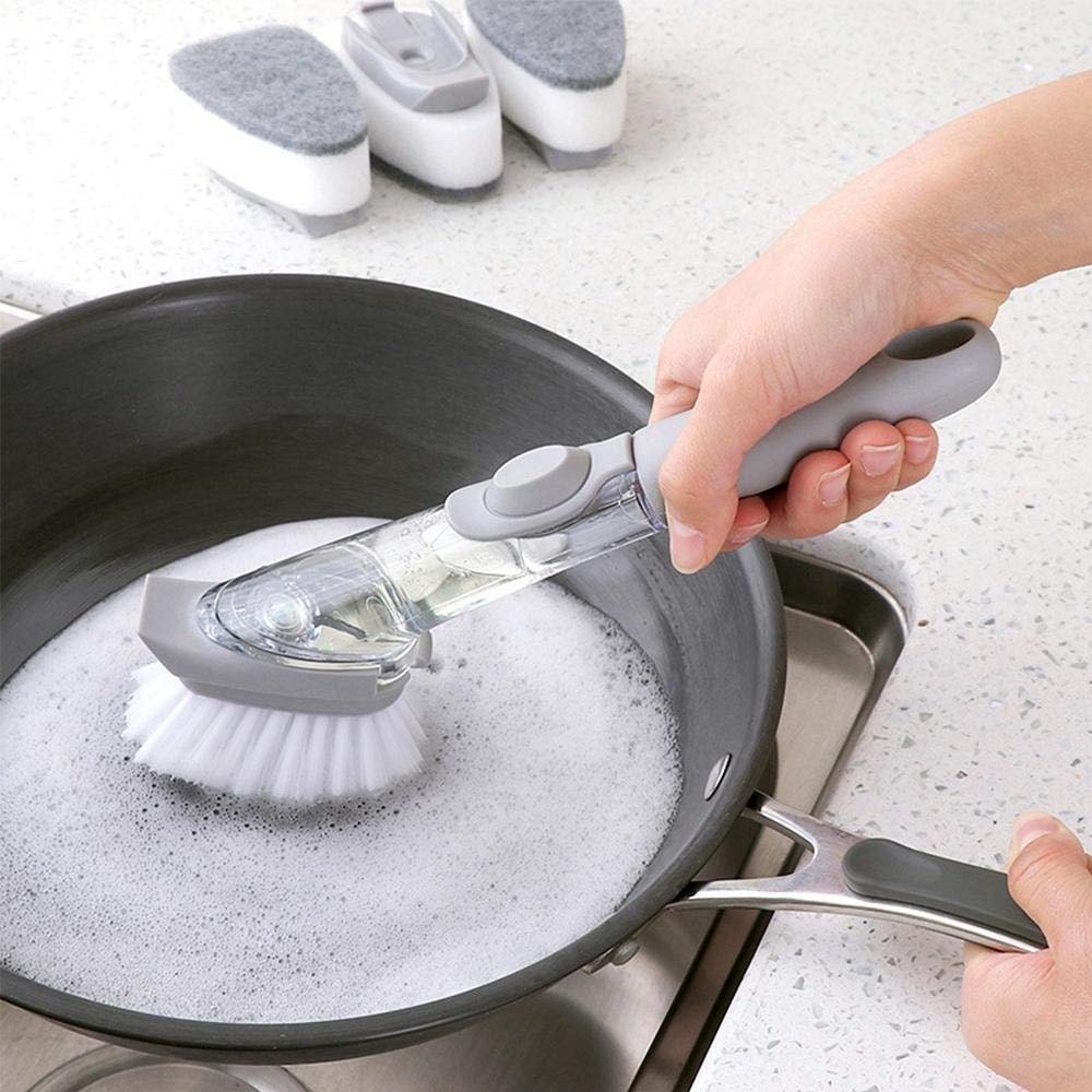 GALV soap Dispensing Dish Brushes Dishwasher Brush with soap Dispenser Long Handled Hydraulic dishwashing Brush Kitchen Tool Cleaning Brushes,Non Stick brushs,Dish Cleaning brushs(Gray)(23.4x5.4 cm)